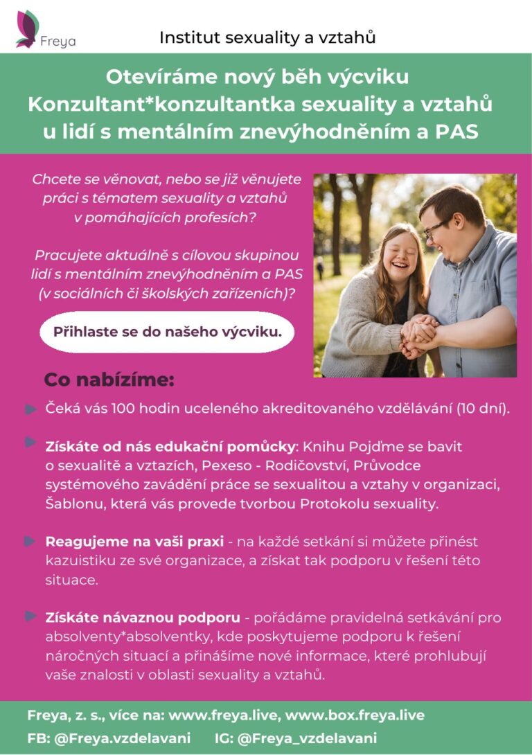 Leták o výcviku Konzultant*konzultantka sexuality a vztahů u lidí s mentálním znevýhodněním a PAS